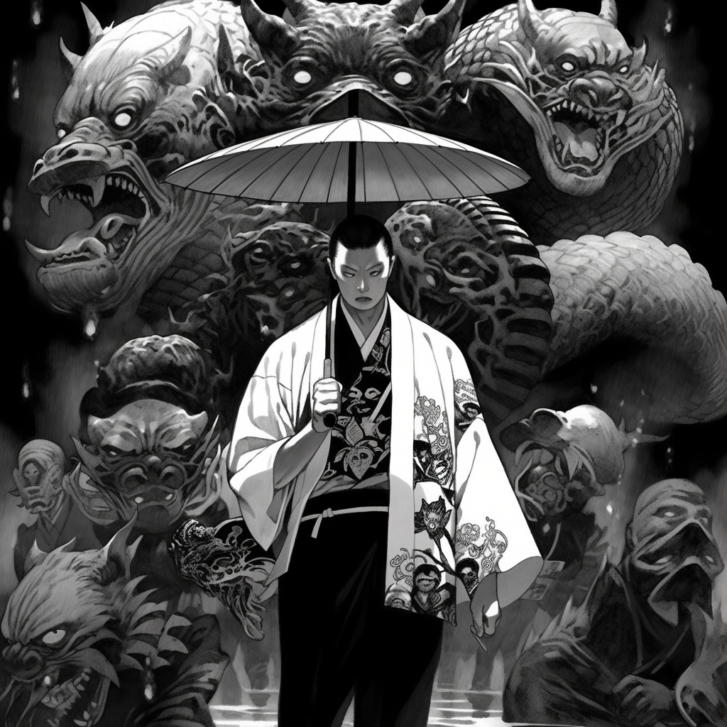 A man in hakama fighting monstrous creatures