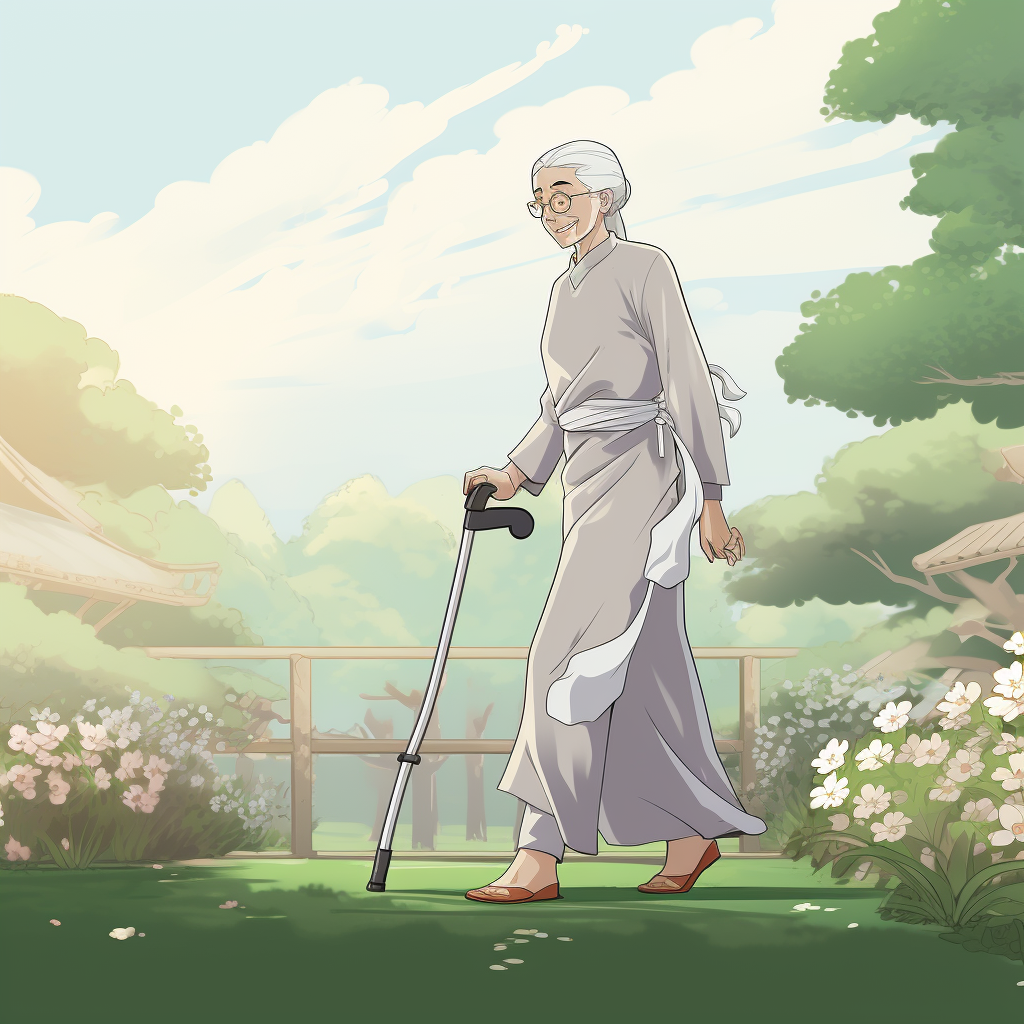 Graceful lady with white hair using a walker in a garden