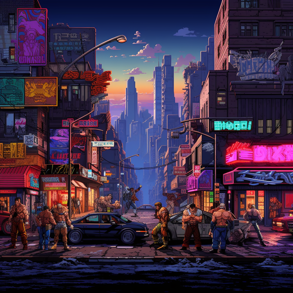 Pixelart beat em up game in Manhattan cyberpunk setting