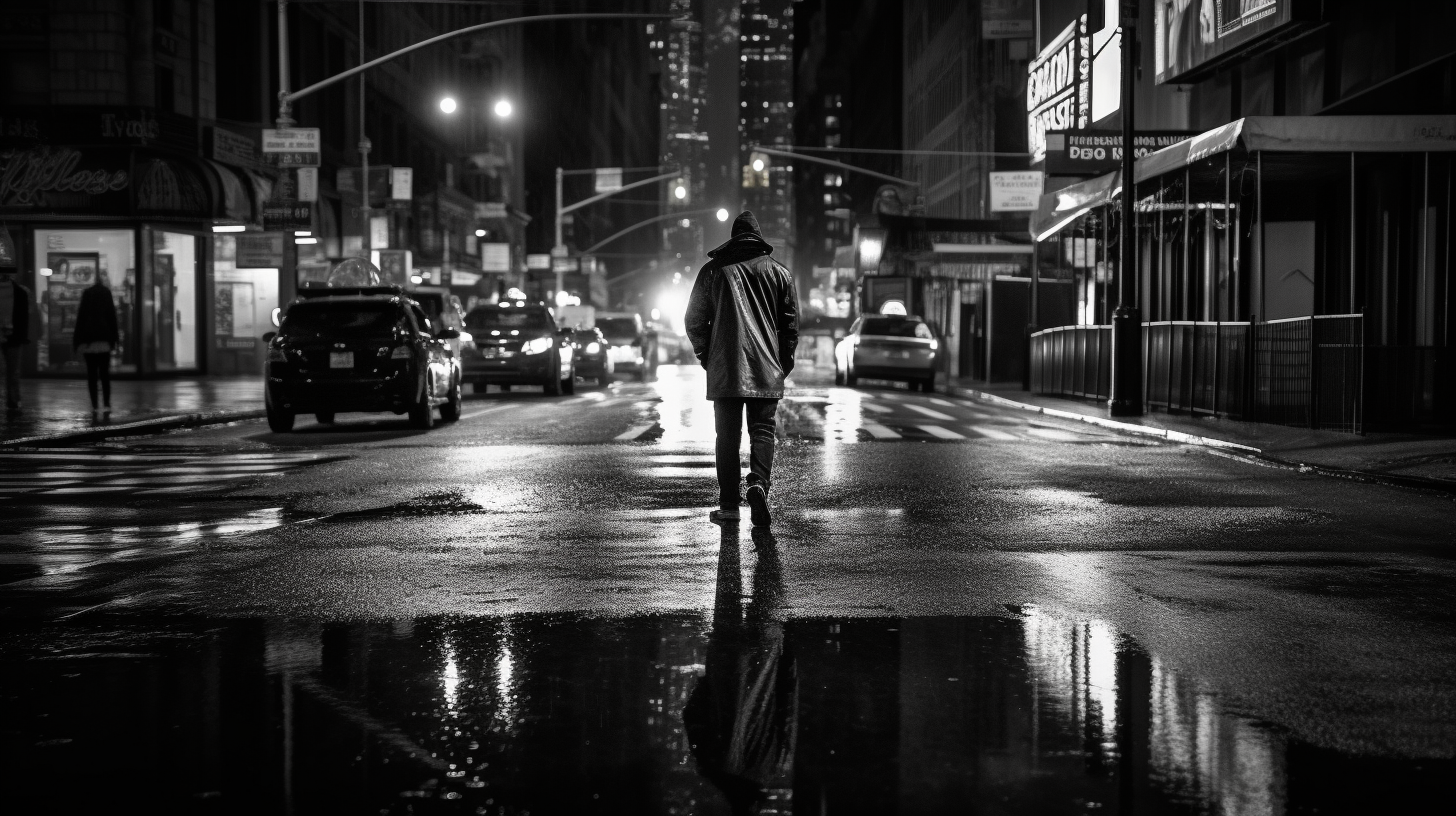 Reflection of man walking in Manhattan at night