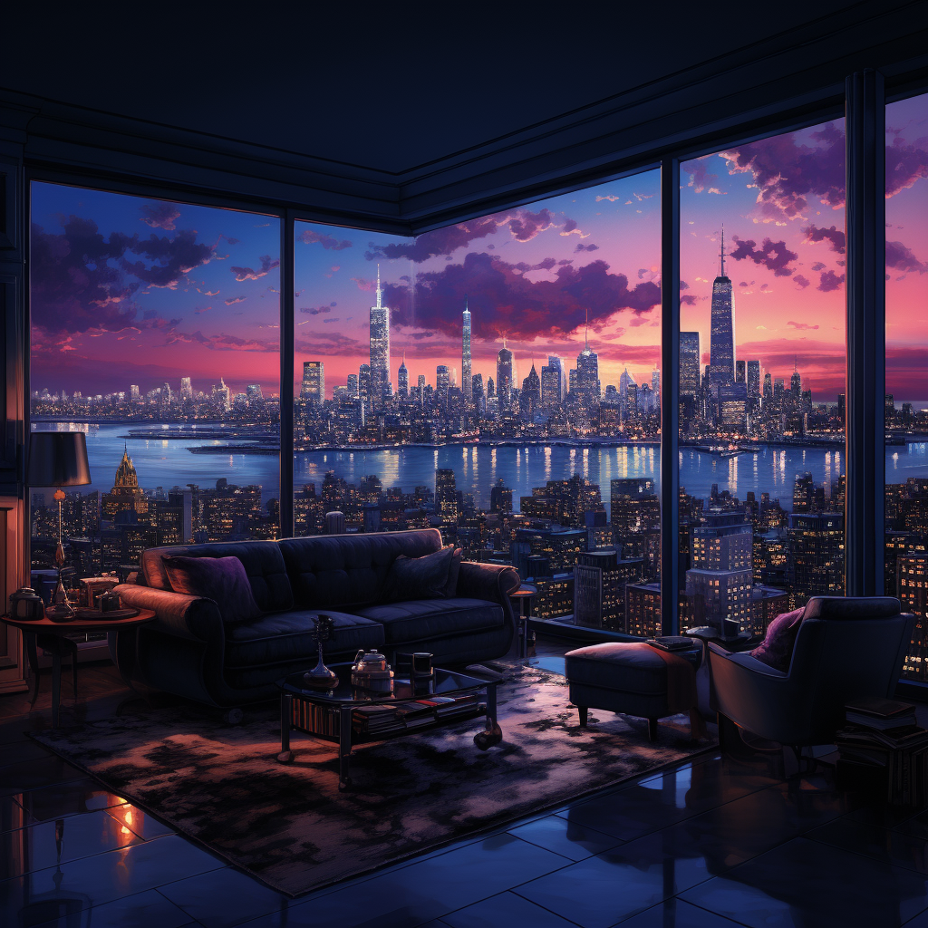 Manhattan skyline at twilight with penthouse gathering