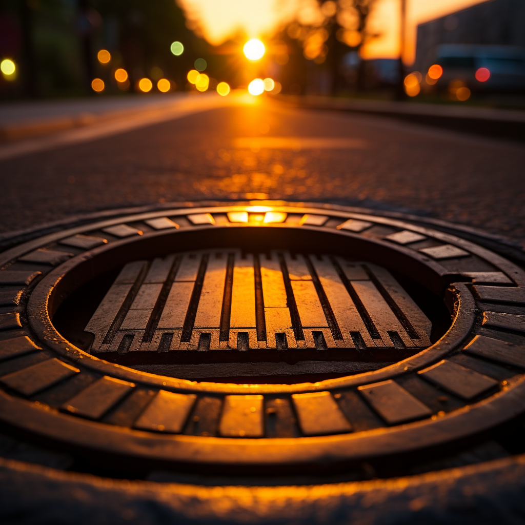 Aerial shot of manhole sewer cap at sunrise