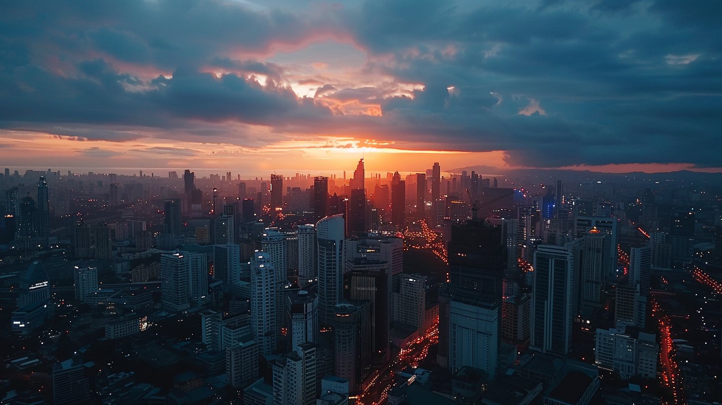 aerial manila business district dusk view