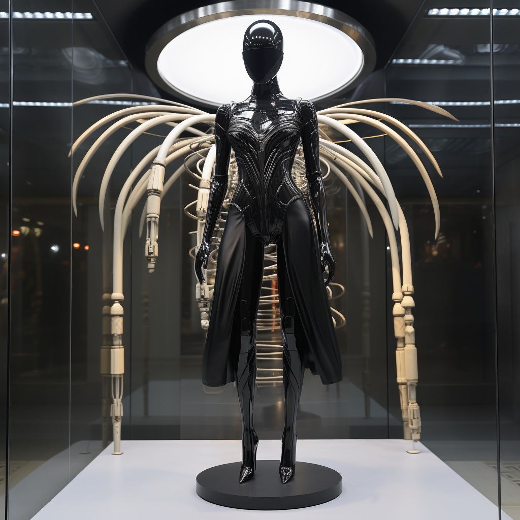 Tall mannequin in black skirt and metallic accents