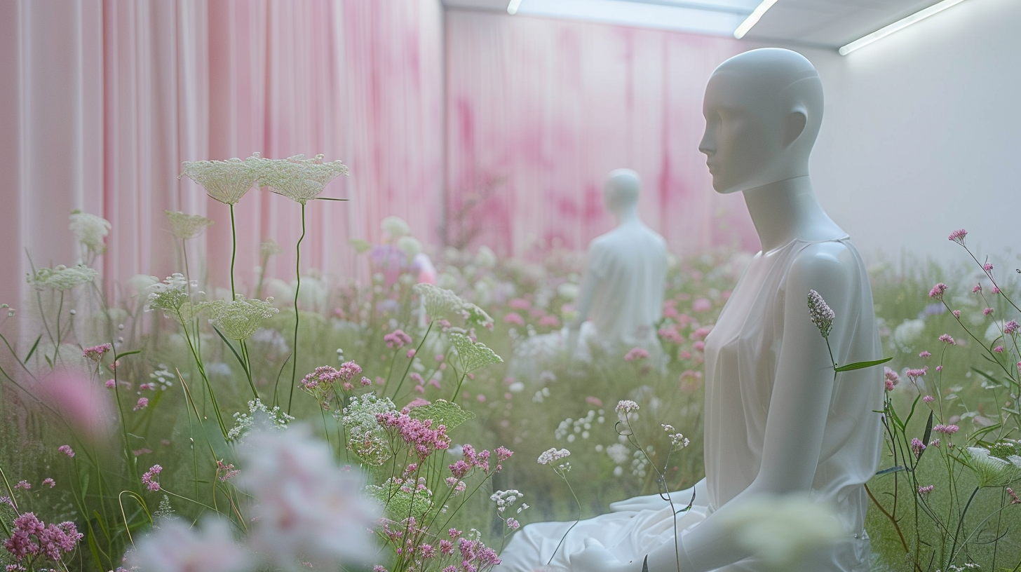 Mannequins in Meadow with Pink Flowers