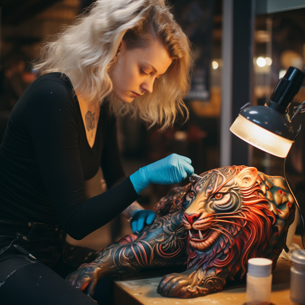 Tattooed flamboyant beasts on rested skin  ?