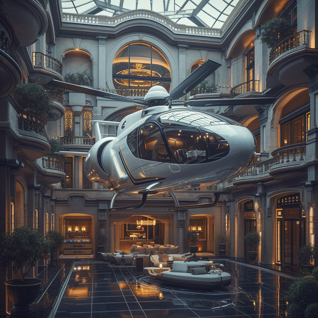 Futuristic mansion with billion dollar house and helicopter