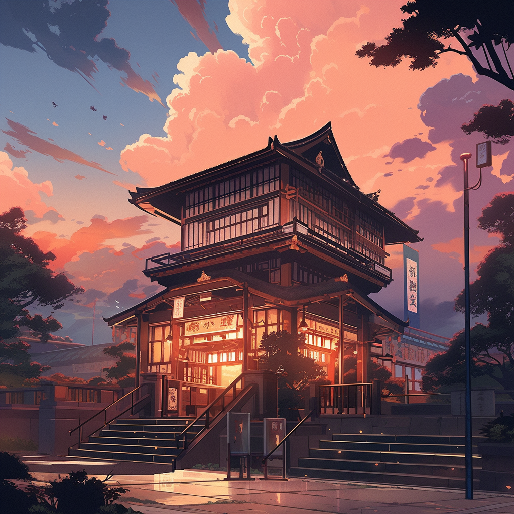 Scenic sunset at the mystical mansion temple dojo