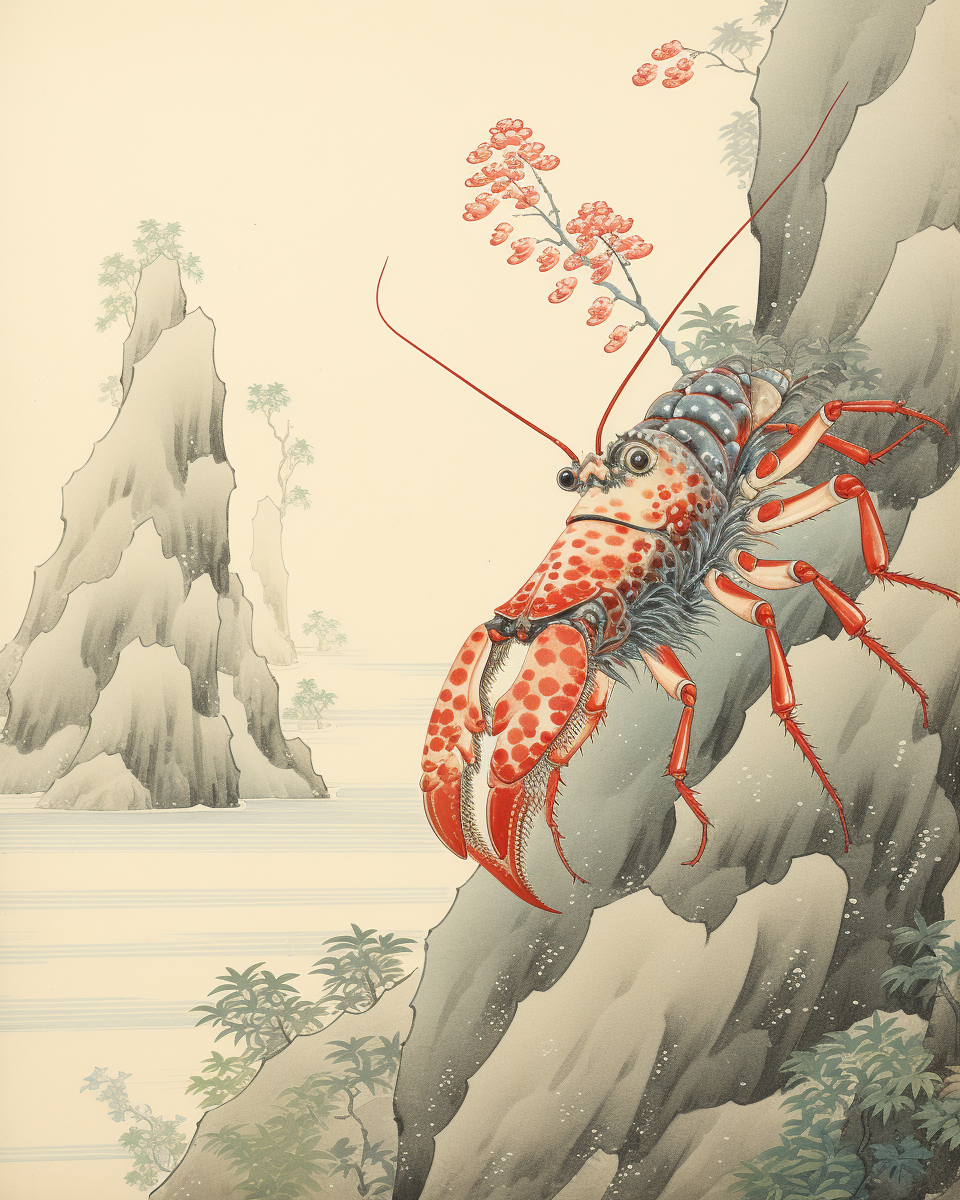 Colorful mantis shrimp ukiyo-e illustration