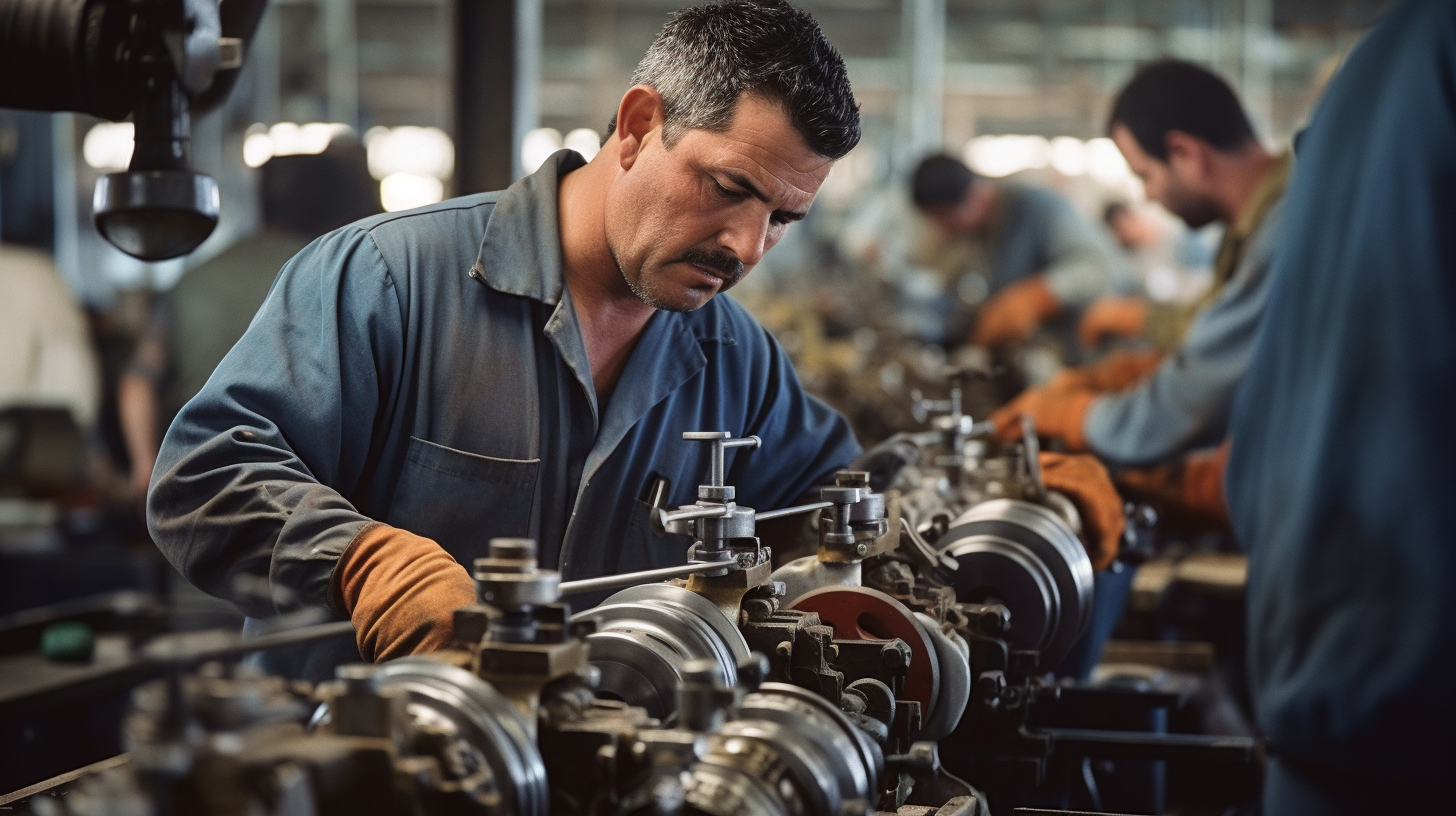 Manufacturing workers using heavy power tools at assembly line