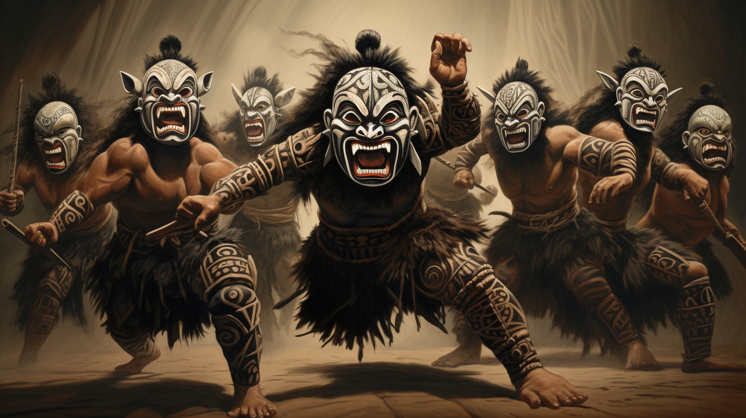 Maori dancers wearing traditional masks during Haka dance