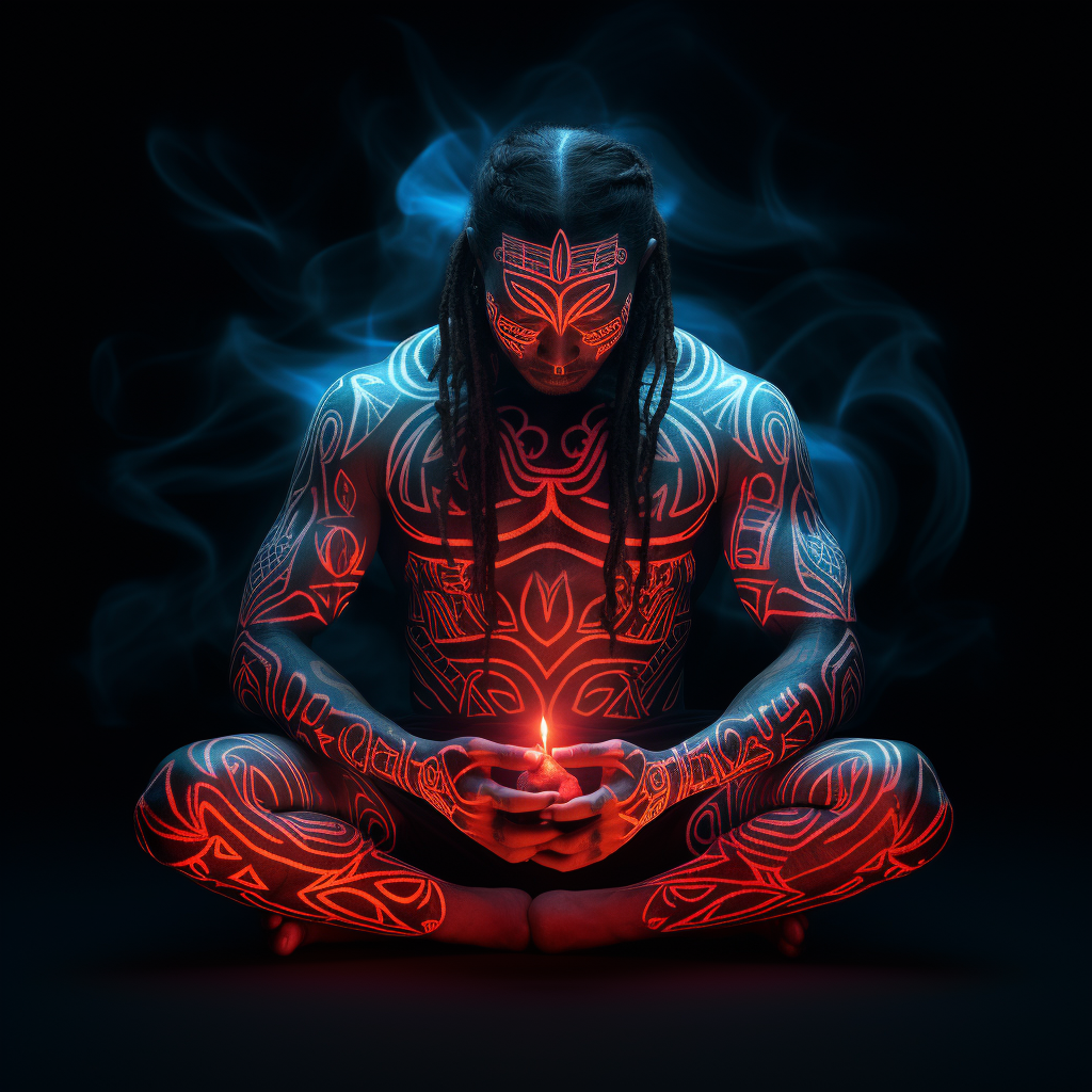 Modern Maori warrior with neon tattoos