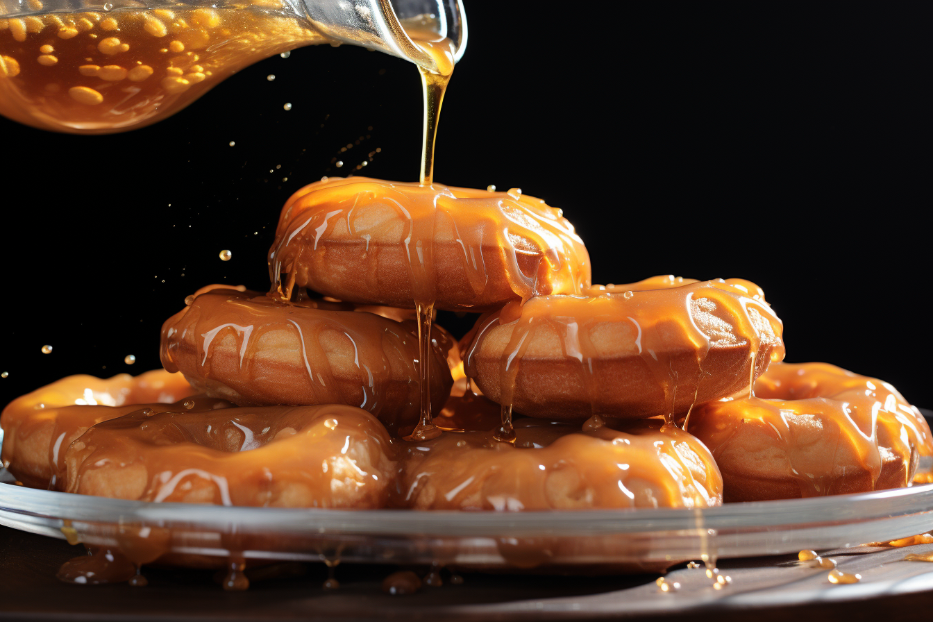 Close-up of Maple Syrup Pouring on Donuts