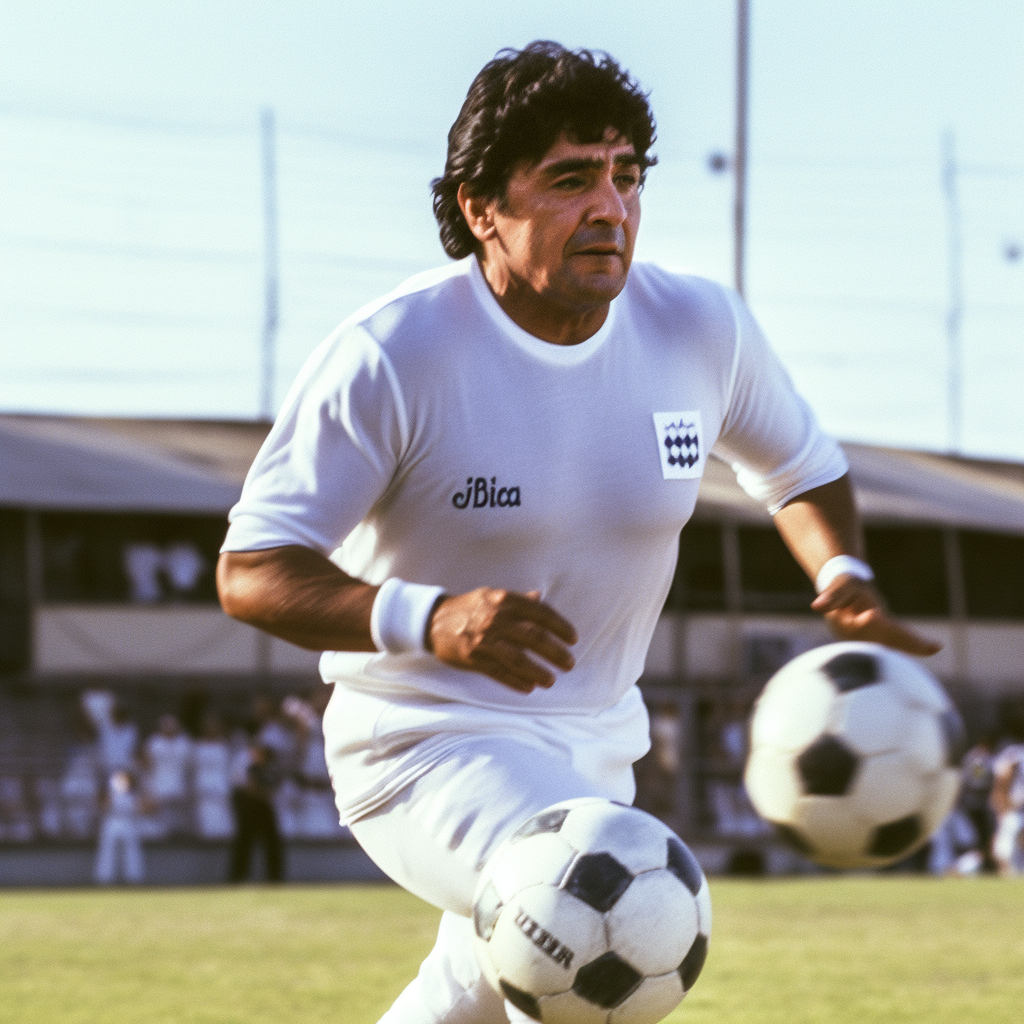 Diego Maradona dribbling soccer ball in heavenly attire