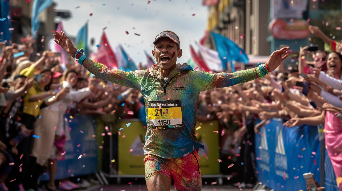 Marathon runner crossing finish line