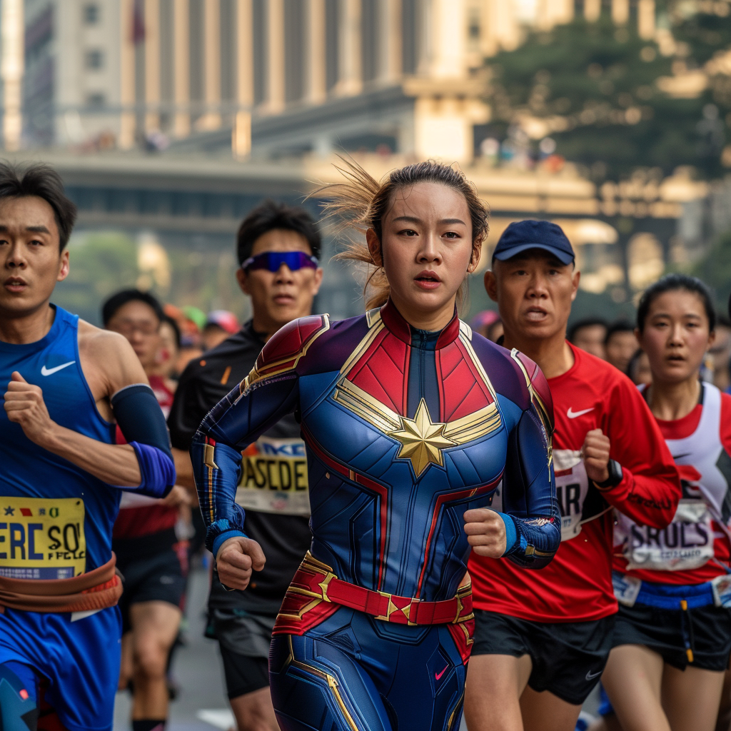 Group of marathon runners with Captain Marvel