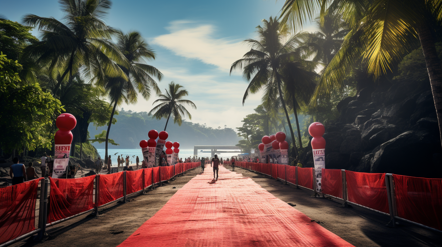 Marathon finish line in tropical paradise