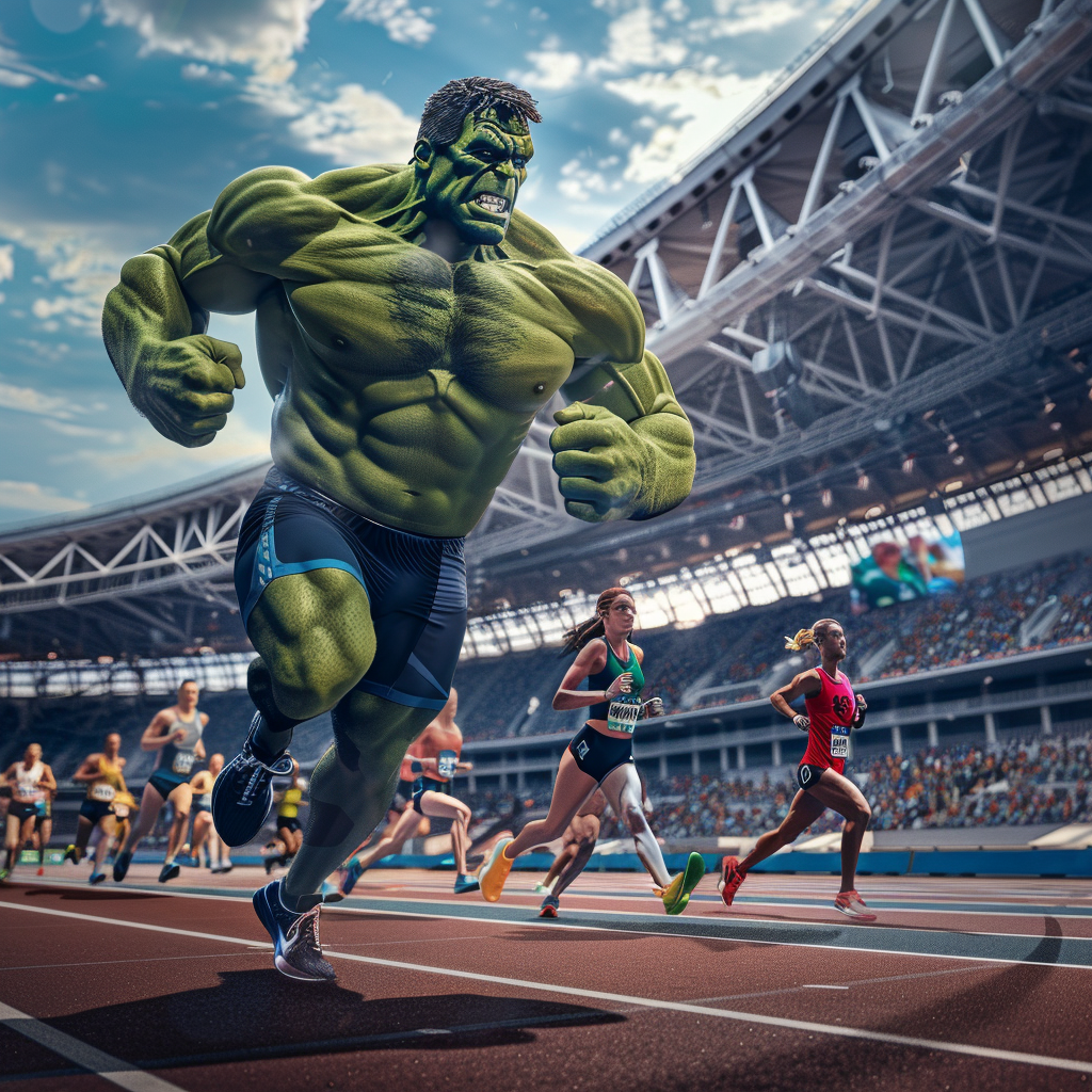 Hulk running with marathon competitors