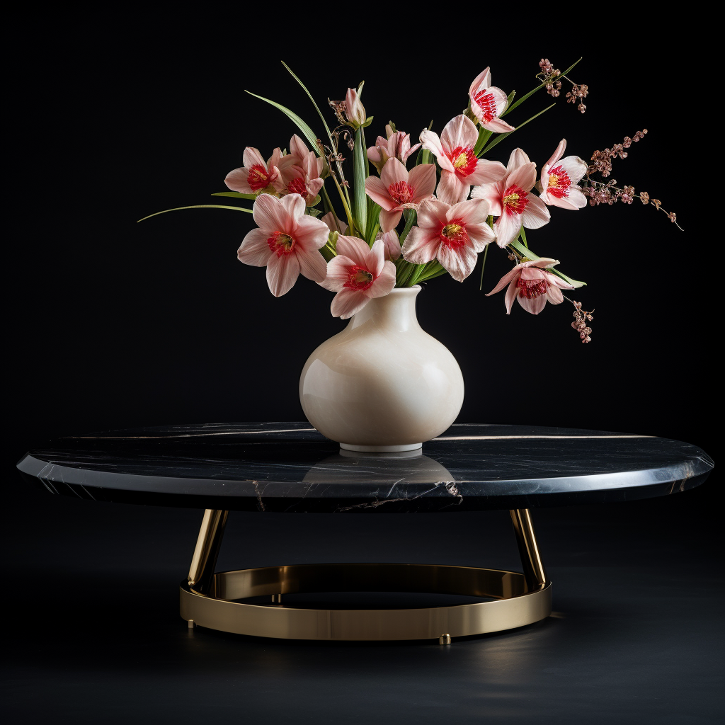 Marble coffee table with vase of flowers