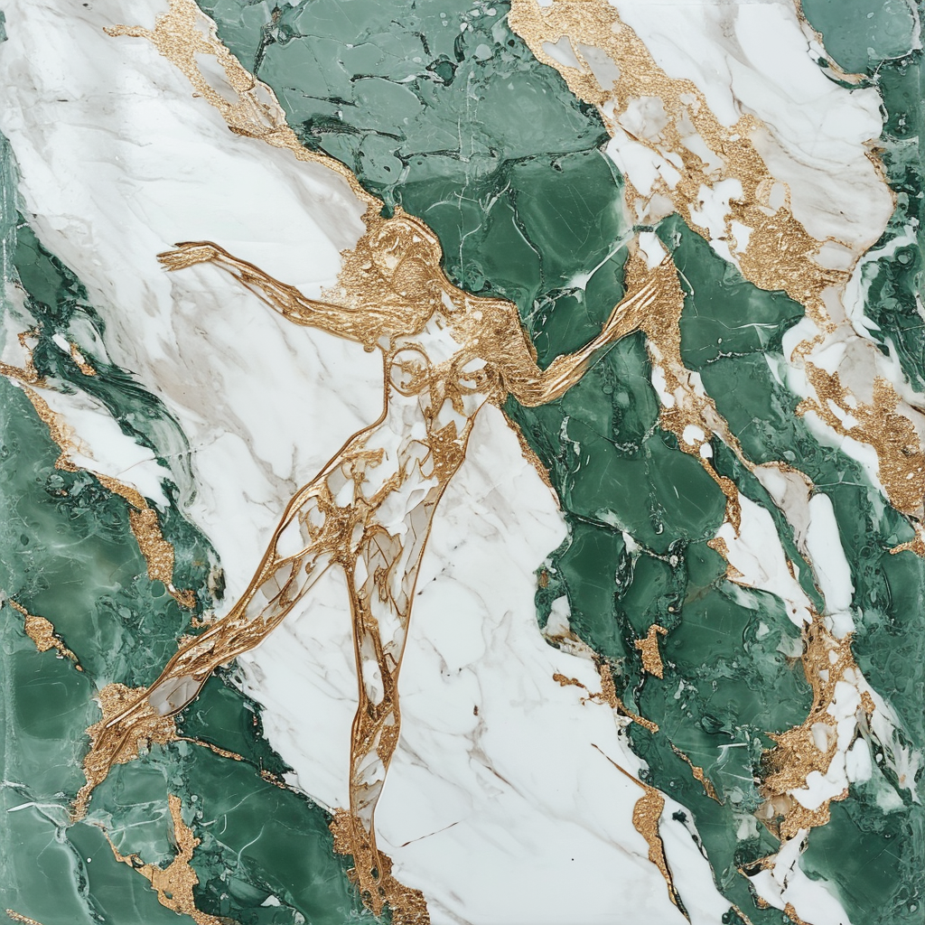 Woman statue on emerald and gold flake marble slab