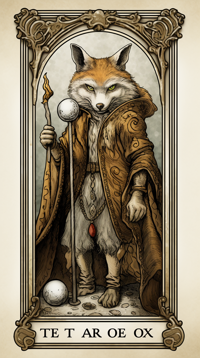 Marble style tarot card with the Fool and Magick Fox