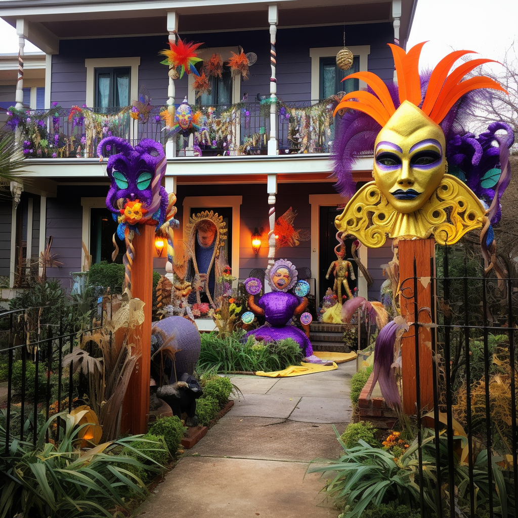 Colorful Mardi Gras Decorations in Yard