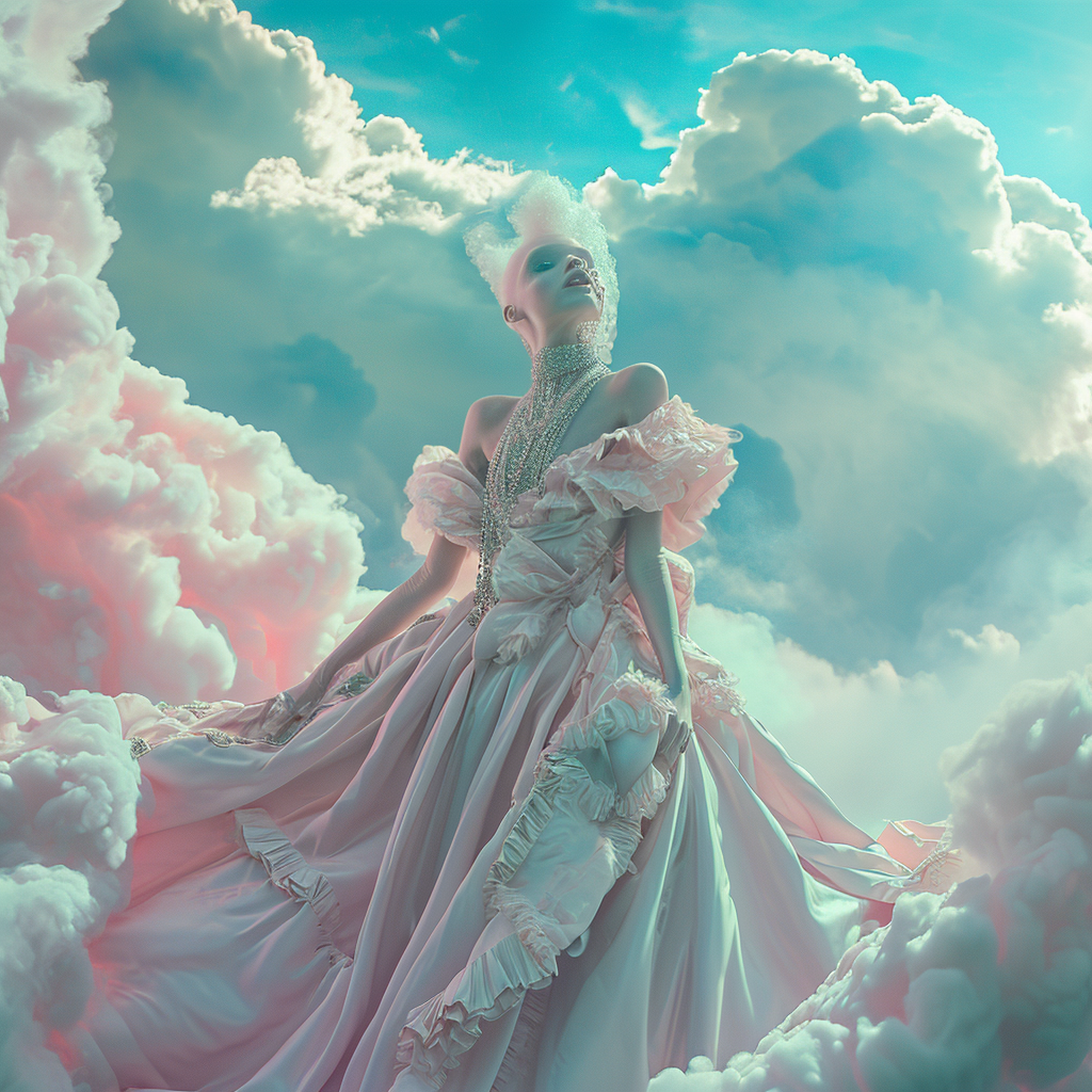 Marie Antoinette wearing futuristic couture in clouds