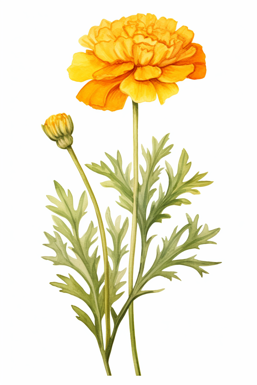 Vibrant watercolor marigold stem on white background