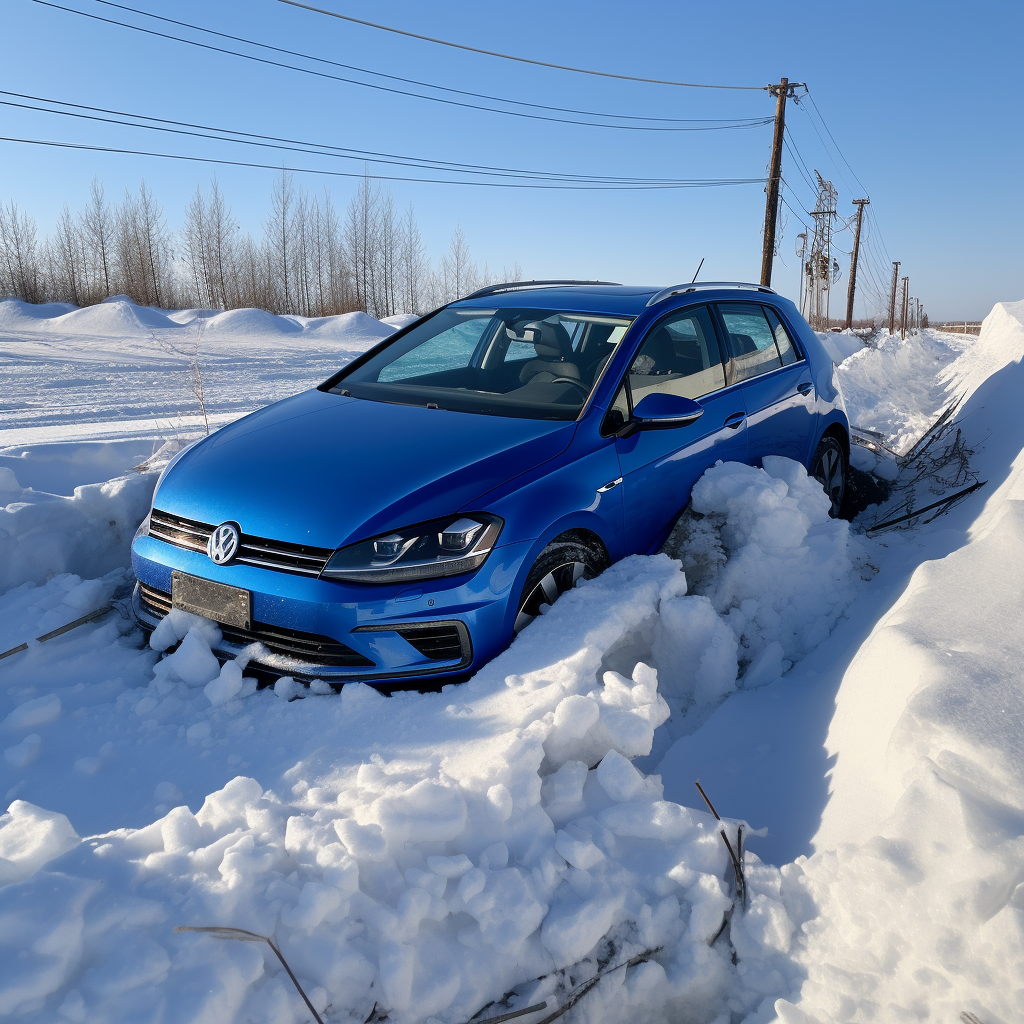 Crashed marine blue Volkswagen Golf in ditch