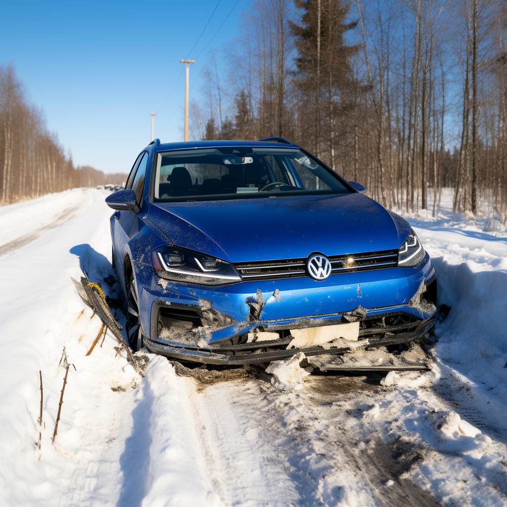 Crashed Marine Blue Volkswagen Golf in Snowy Ditch