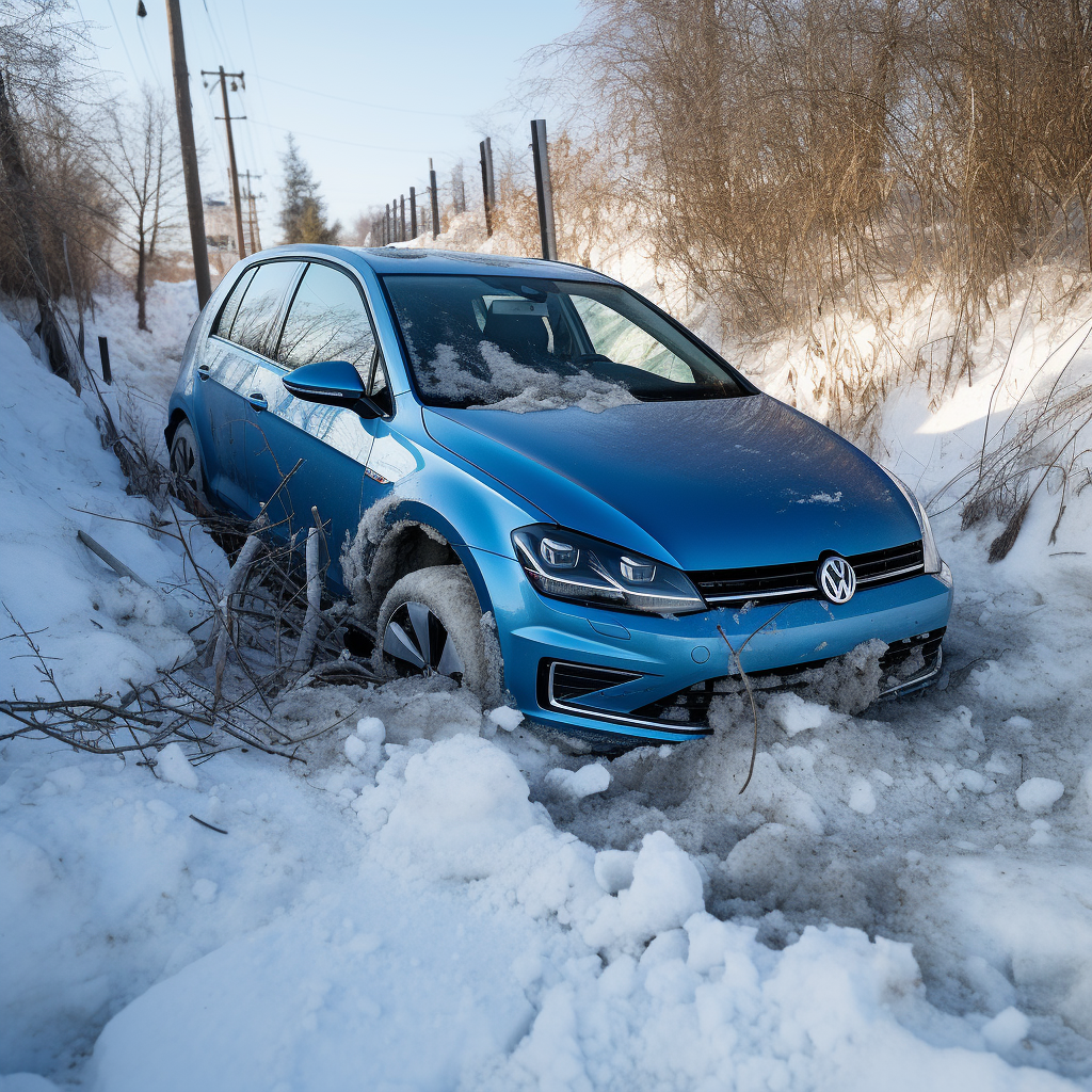 Crashed marine blue Volkswagen Golf Electric in ditch