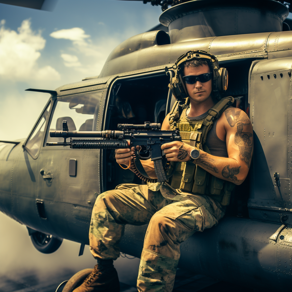 Marine Smoking Cigar with Thompson Machine Gun off Helicopter