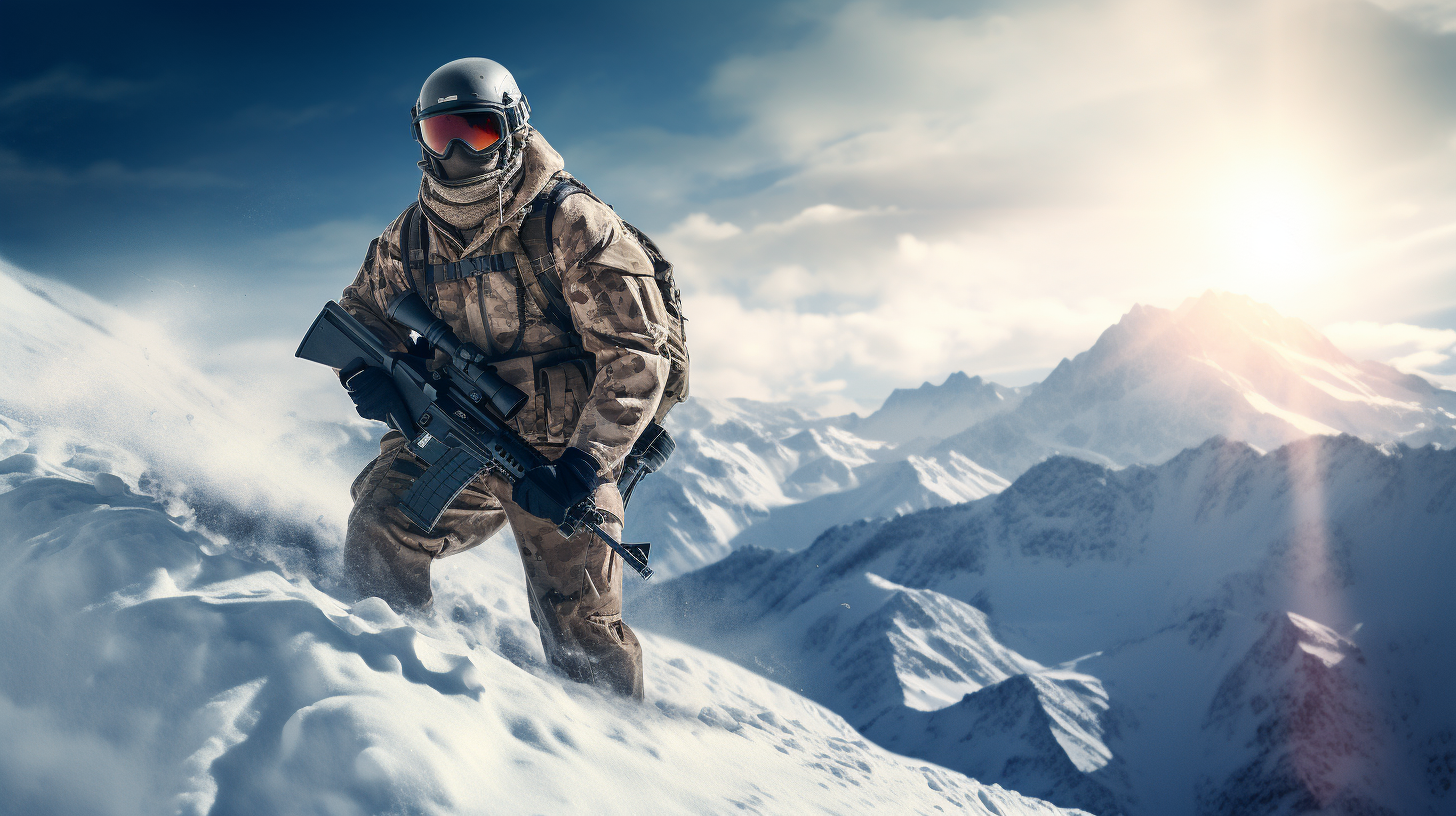 US Marine snowboarding in tactical gear