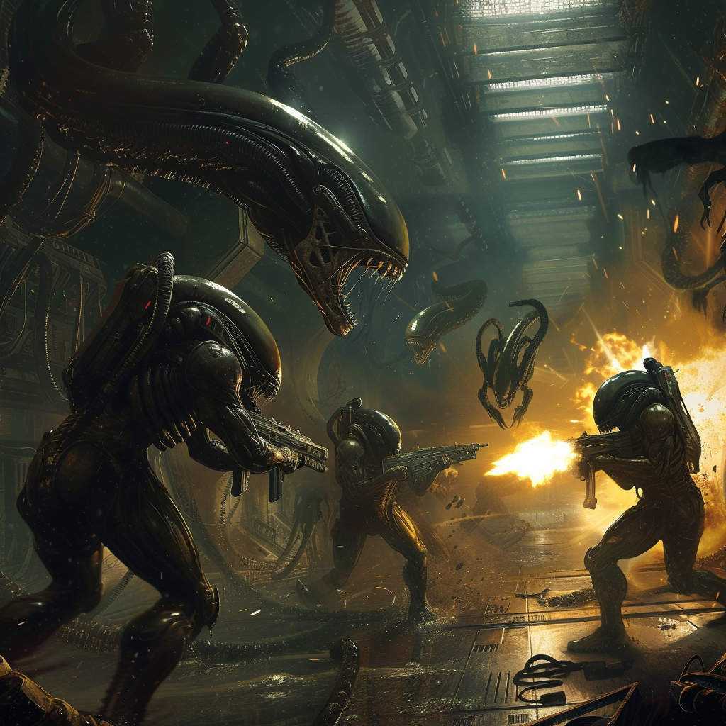 Marines being pursued by xenomorphs in space station