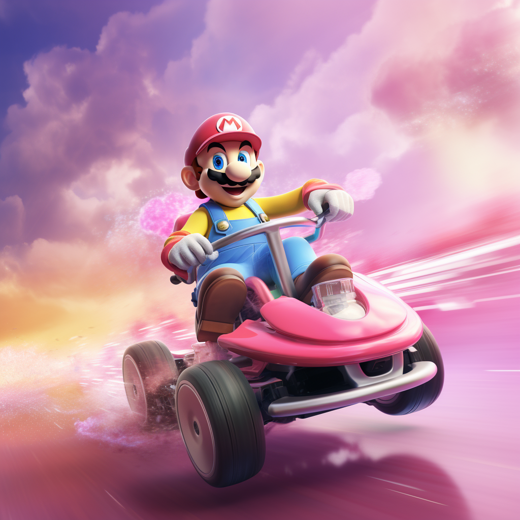 Colorful Mario Kart race on pink background with minimalistic art