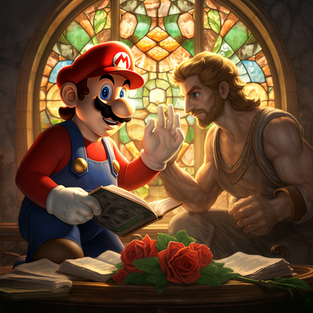 Mario and Luigi expressing gratitude to Jesus