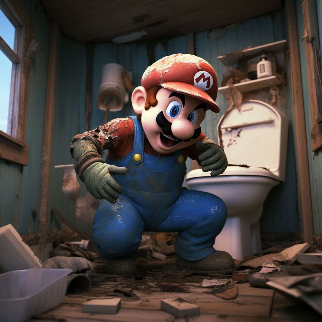 Mario fixing mud filled toilet