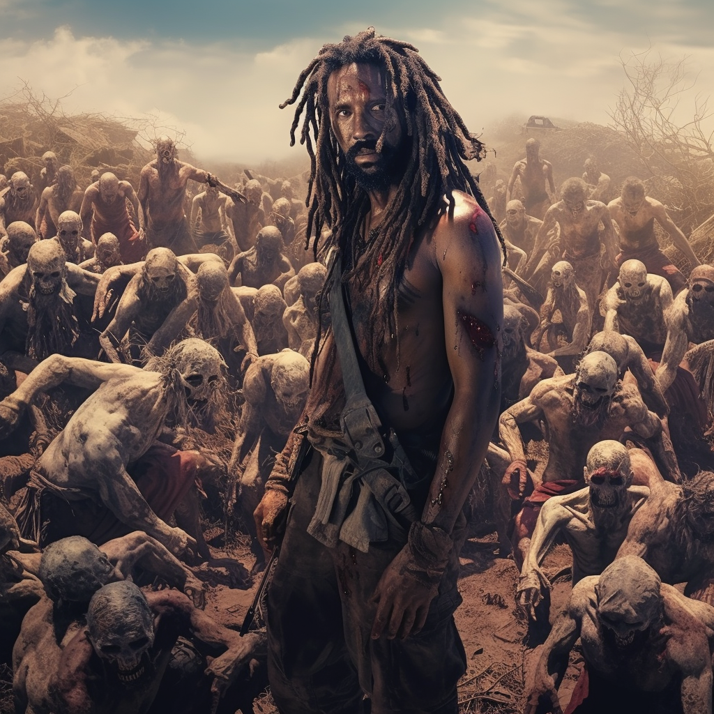 Mario Van Peeples surrounded by zombies with dreadlock hair