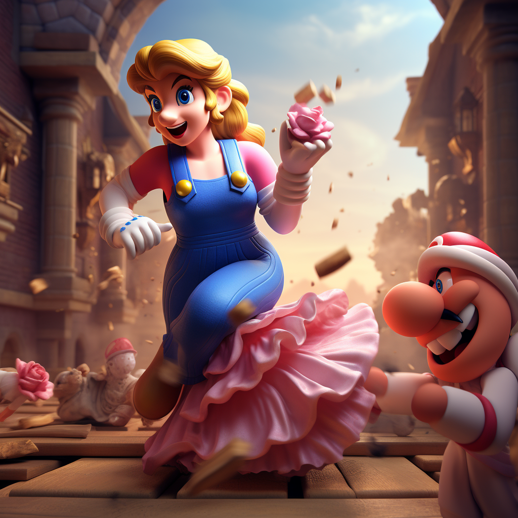 Mario chasing Princess Peach retro video game