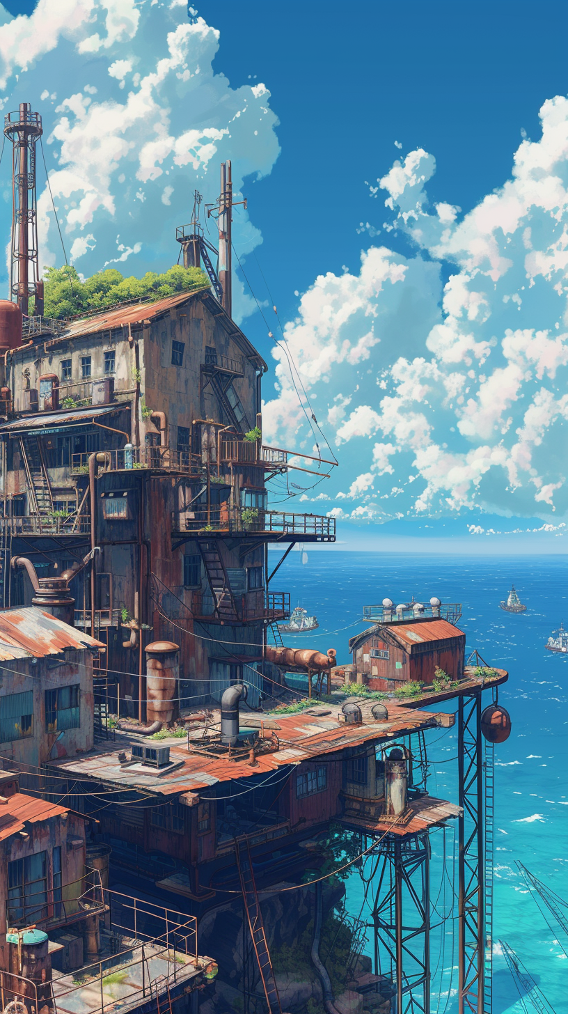 Maritime City Buildings on Rusted Offshore Platforms