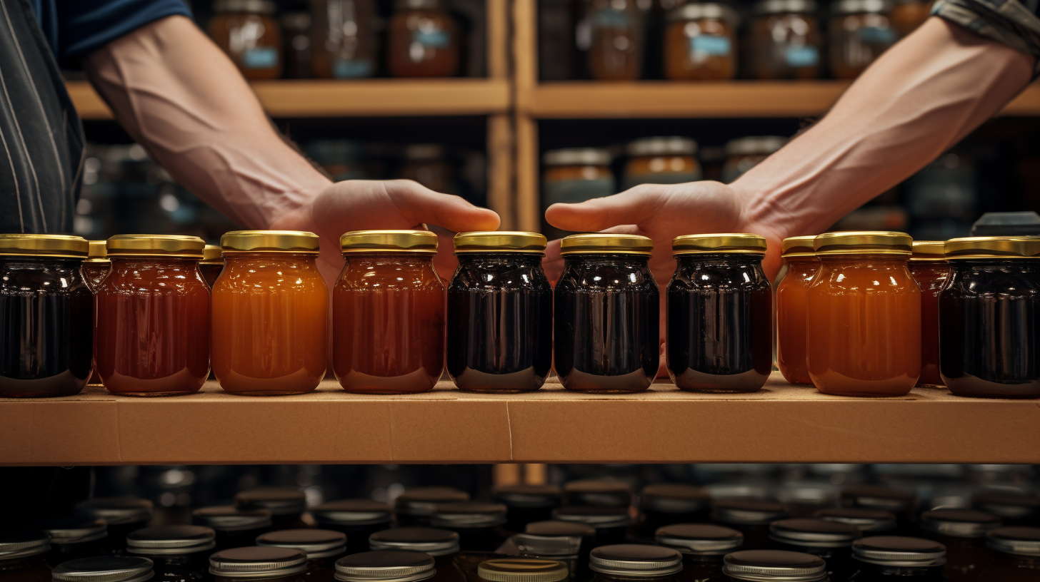 Hands in Molasses Jars on Market Shelf