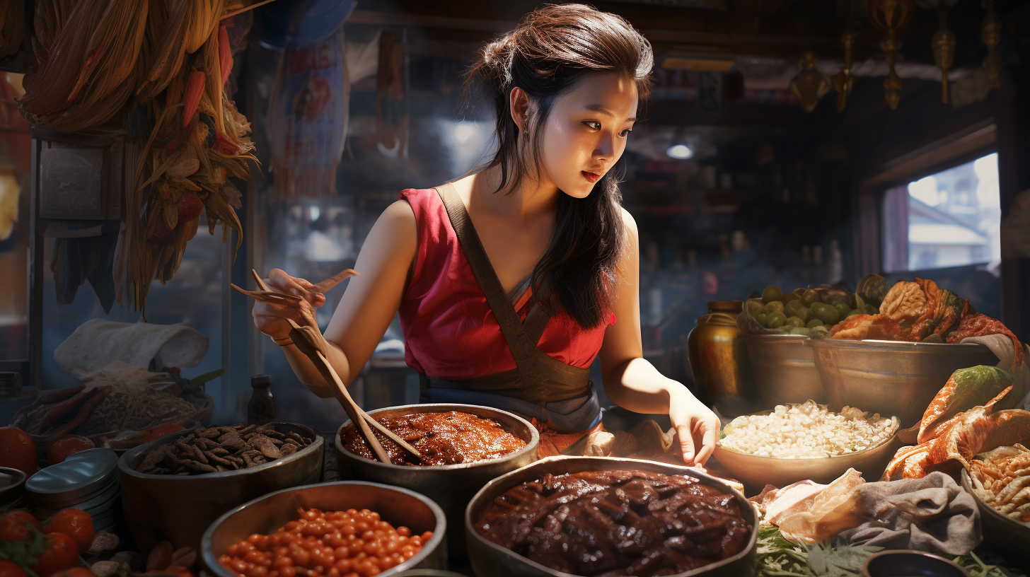 Woman tasting food in Asian market