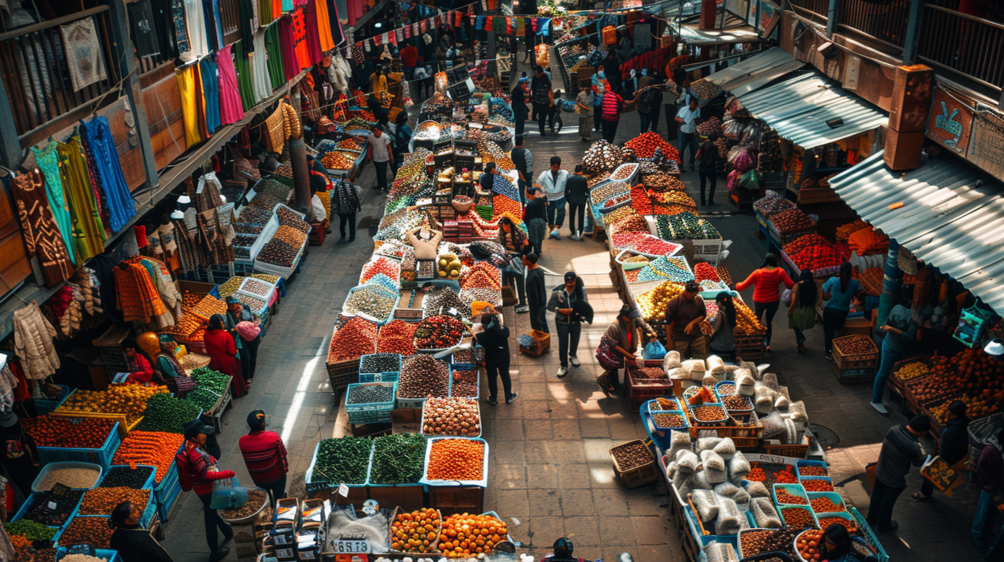 Wide shot busy marketplace