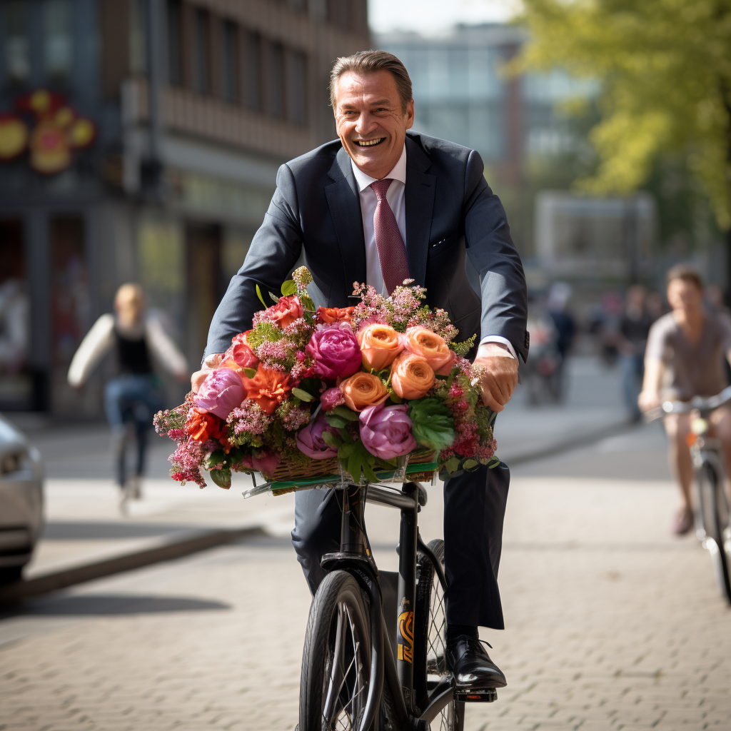 Markus Söder on a bike with bouquet