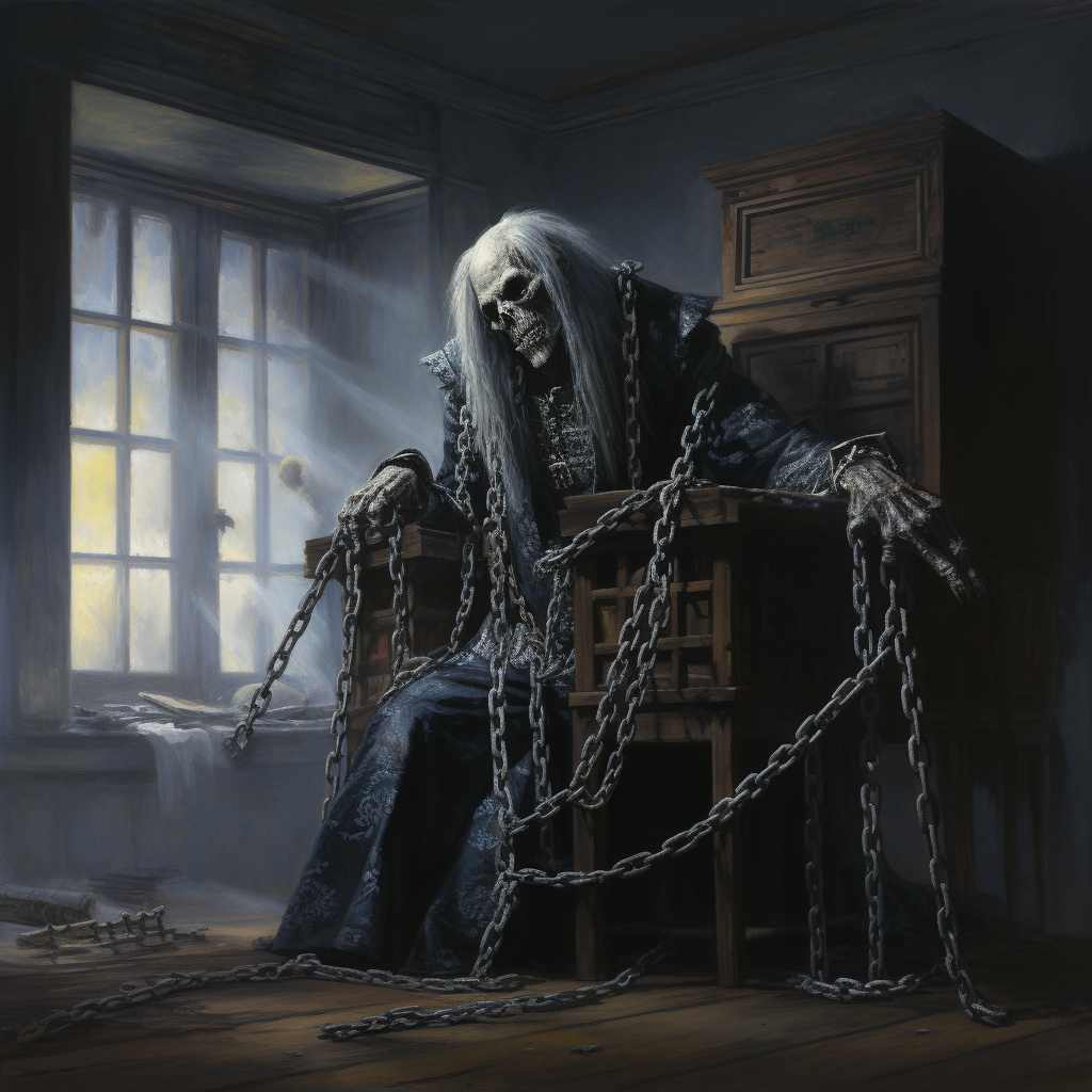 Jacob Marley's ghost floating in a Victorian room with chains