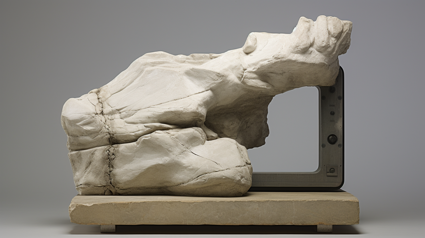 Marble sculpture of Miguel Angel watching TV