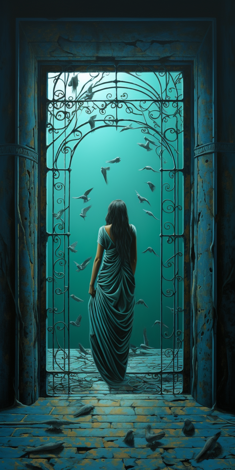 Beautiful Oriental Door with Veiled Girl and Bird Trap