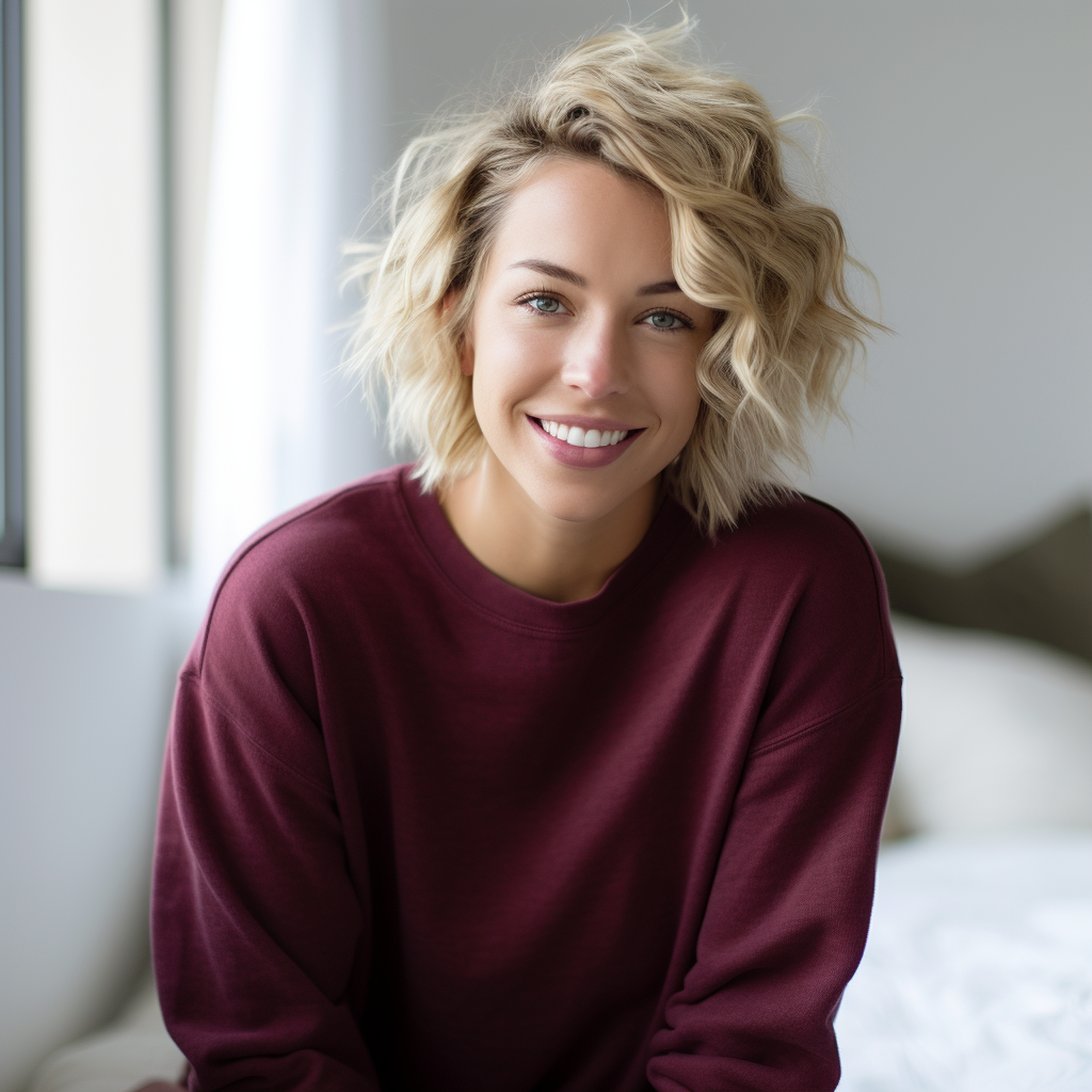 36-year-old woman smiling in maroon Gildan sweatshirt