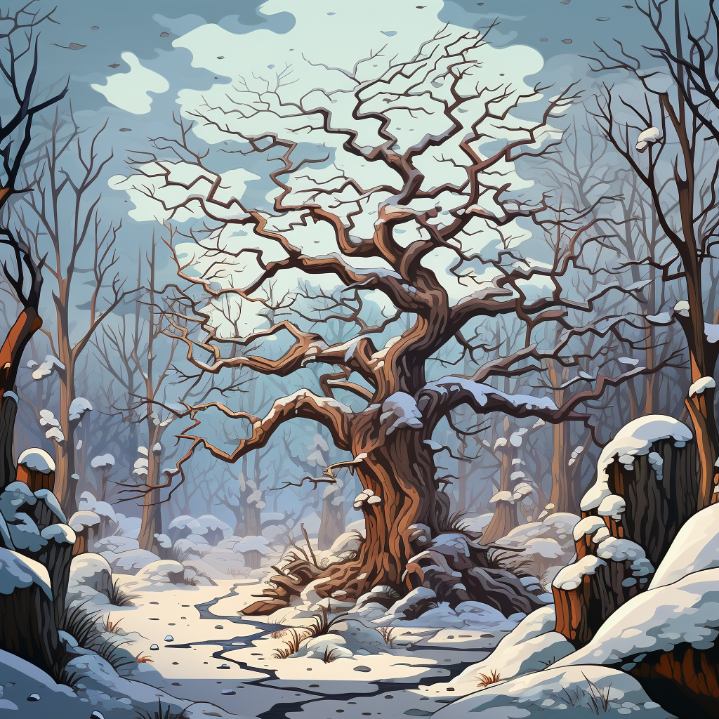 Cartoon-style winter forest with young marple tree