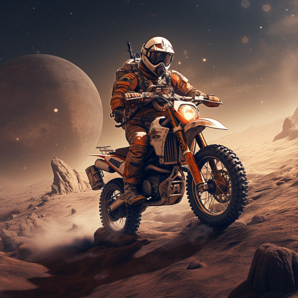 Astronaut on motorcycle exploring Mars